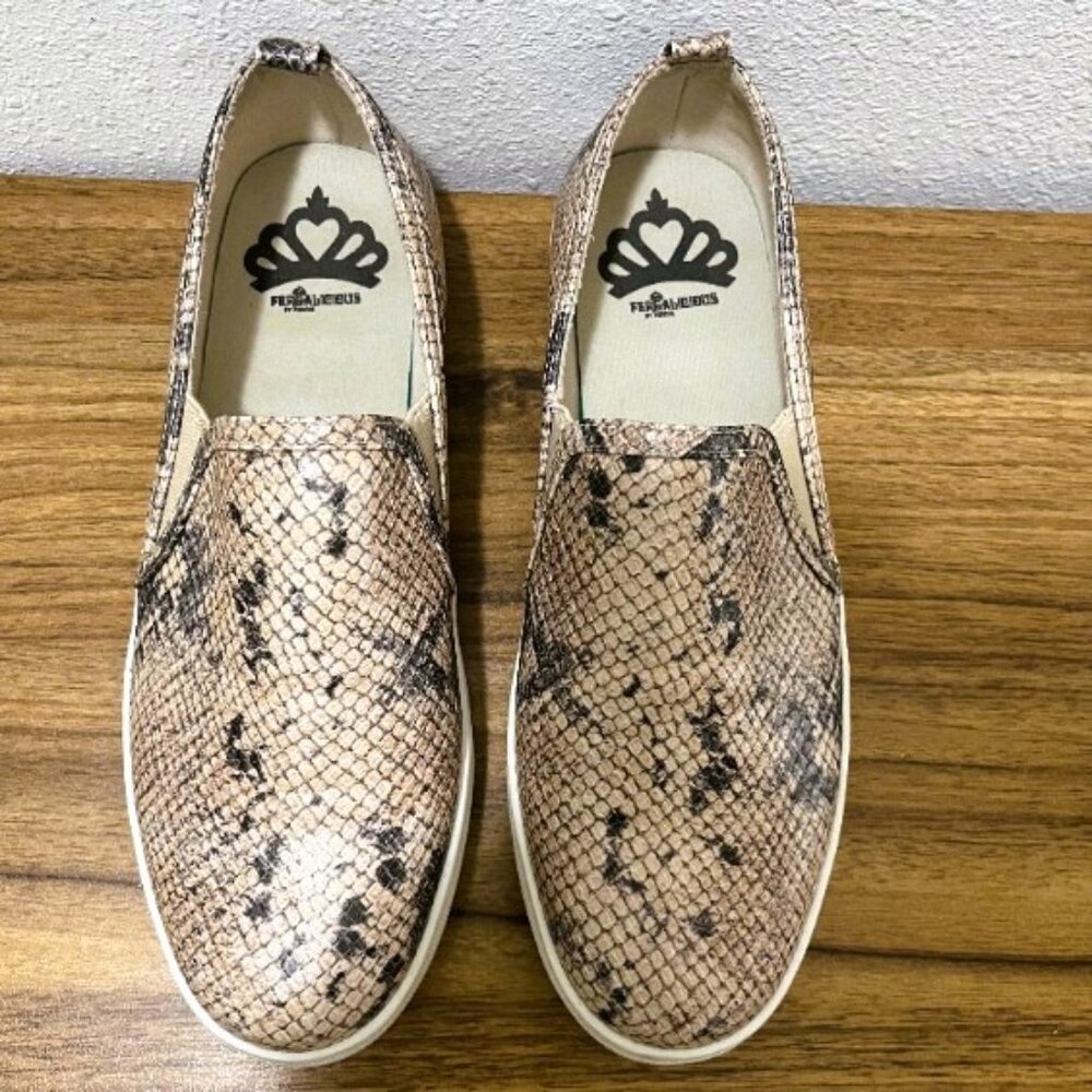 Fergalicious Slip-on Sneakers, Beige Faux Snakeskin, Size 8.5